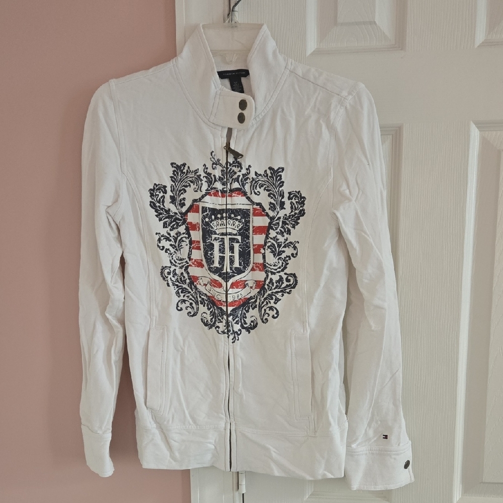 Tommy Hilfiger White Bomber Jacket with Embroidered Crest